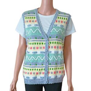 Alfred Dunner Blue Cardigan Vest L Women's Embroidered Ribbon Accent Sweater